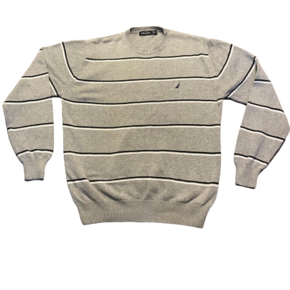 Nautica Men's striped sweater medium cotton grey navy
